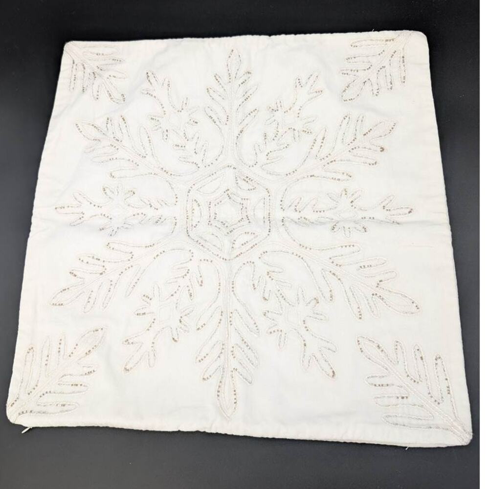 Pottery Barn Eira Pillow Cover Velvet Ivory Beaded Snowflake Metallic 20" Cotton